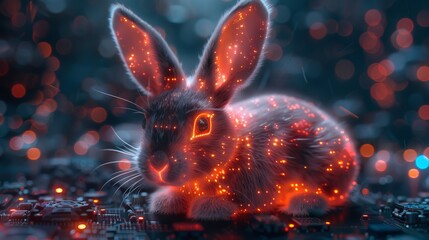 Poster - This Easter neon bunny is in a glowing futuristic style. Greeting card with a holiday theme. 3D model of hare ears with computer board pattern.