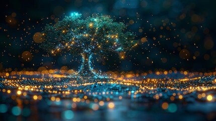 Fototapete - Modern illustration of an educational poster for children. Technology training poster for teenagers. Digital tree with sprouts and binary code in glowing futuristic polygonal style.