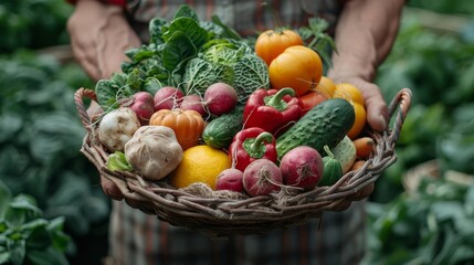 Poster - In the hands of a farmer (describing cabbage, carrots, cucumbers, radish and peppers), a basket of vegetables (cabbage, carrots, cucumbers, radish and peppers). Bioproducts, eco-ecology, grown by