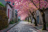 Fototapeta Fototapeta uliczki - Serene Cobblestone Street With Cherry Blossom Trees, A narrow cobblestone street lined with blooming cherry blossom trees, AI Generated
