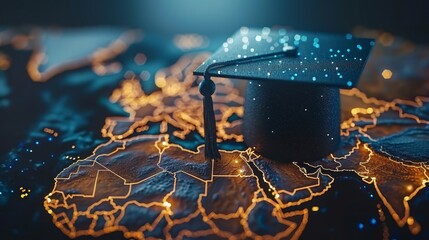 Poster - Future polygonal 3D illustration of a graduation cap on a world map background. Online dental education.