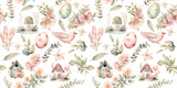 Fototapeta Dziecięca - Watercolor seamless easter pattern with eucalyptus, flowers, eggs and houses.