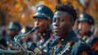 Envision a community parade honoring veterans and fallen soldiers, marching bands playing solemn melodies as crowds line the streets to pay their respects
