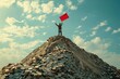 A man stands proudly on a towering pile of coins, clutching a vibrant red flag, A person standing on top of a mountain of coins holding a flag, AI Generated