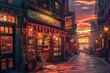Painting of a City Street at Sunset With Beautiful Skyscrapers and Vibrant Colors, A picturesque beauty salon on a busy city street during sunset, AI Generated