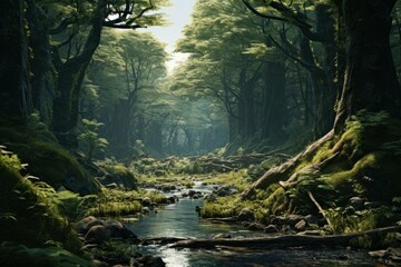 a lush, vibrant and wild forest with a variety of trees, shrubs and mosses