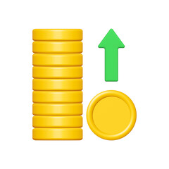 Wall Mural - 3d gold coin stack with green up arrow isolated on white background. business and finance concept. c
