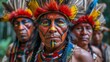 Intense close-up of Amazonian tribespeople in regalia