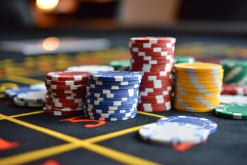 Close Up of a Table With Poker Chips, A poker table with chips representing gamble in investment, AI Generated