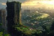 Impressive High-rise With Overgrown FaÃ§ade, A post-apocalyptic cityscape overgrown with flora and devoid of people, AI Generated