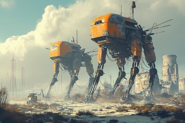 Poster - a gathering of enormous robots standing side by side, showcasing their impressive size and mechanica