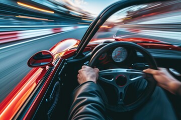Wall Mural - A person is driving a car on a crowded highway in an urban area, A POV from the driverâ€™s seat during a high-speed sport car race, AI Generated