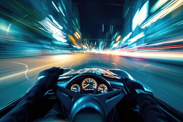 Wall Mural - Car Driving Down a Busy City Street at Night, A POV from the driverâ€™s seat during a high-speed sport car race, AI Generated
