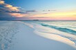 A beach at sunset with clear footprints leading towards the water on the sandy shore, A pristine, white sandy beach with a clear view of the horizon at sunset, AI Generated