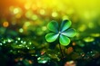 A green four leaf clover with a rainbow in the background, surrounded by a festive atmosphere of St. Patrick's Day