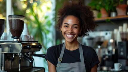 Wall Mural - A woman standing in front of a coffee machine, preparing a drink