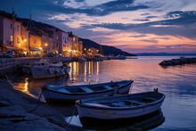 Two Boats Are Seen Peacefully Docked In The Calm Water, With The Sunlight Reflecting Off Their Surfaces, A Quiet Harbour Town With Fishing Boats At Sunset, AI Generated