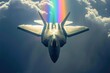A fighter jet cuts through the vibrant colors of a rainbow filled sky, A rainbow reflecting off the sleek body of a modern fighter jet, AI Generated