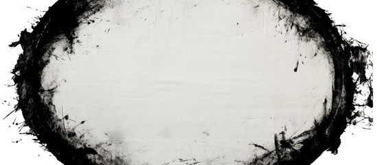 Poster - A black and white circle with a white border symbolizing a cloud in the sky on a white background, blending into the natural landscape of trees and grass