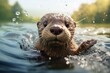 A baby otter swimming in a river, its fur glistening in the sunlight and its eyes wide with curiosity