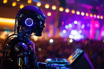 Poster - A robot stands upright in front of a computer keyboard, ready to interact with technology, A robot musician performing at a concert, AI Generated
