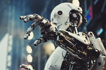 Poster - A robot with dexterity holding an item firmly in its mechanical hand, A robot musician performing at a concert, AI Generated