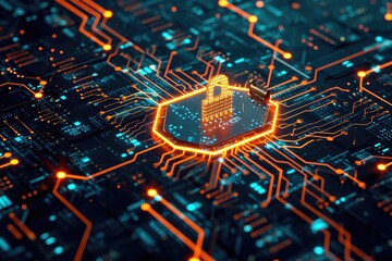 Poster - This photo showcases a circuit board with a building situated on top, demonstrating the integration of technology and construction, Layers of defense in a cyber security system, AI Generated