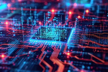 Poster - A detailed close-up view of a circuit board, showing vibrant red and blue lights illuminating various components, Layers of defense in a cyber security system, AI Generated