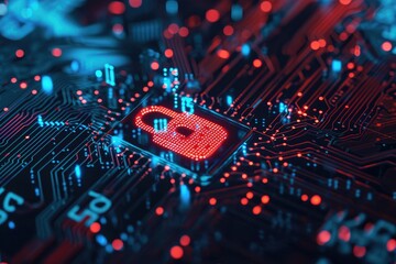 Poster - A close-up photo of a lock attached to a circuit board, featuring vibrant red and blue lights, Layers of defense in a cyber security system, AI Generated