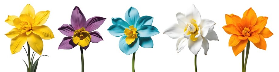 Set of various beautiful blooming daffodil flowers in different colours isolated on transparent background. Generative AI