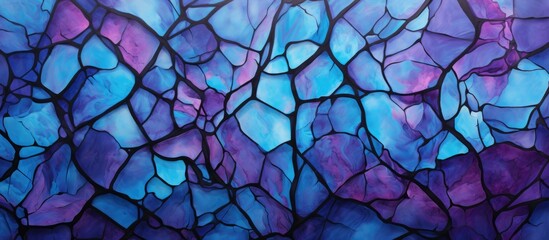 Canvas Print - A close up of a stained glass window featuring a symmetrical design in shades of violet, magenta and electric blue, resembling water and plant motifs