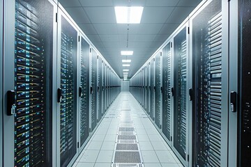 Poster - a photo showcasing neatly organized rows of servers in a data center, massive server room with endle