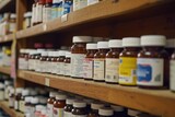 Fototapeta Paryż - A photo capturing a shelf stacked with a diverse array of medicinal products, Medicine bottles on a pharmacy shelf, AI Generated
