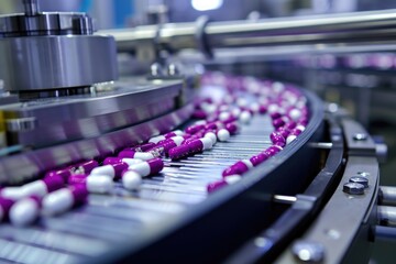 Poster - This close-up photograph showcases a machine in action as it meticulously manufactures a variety of beautiful beads, Medicines and drugs being produced by automated machines, AI Generated
