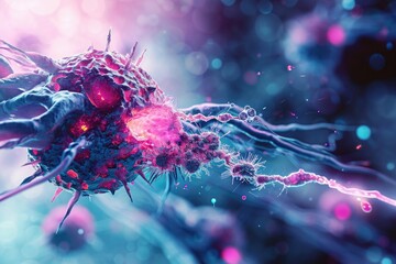 Poster - A detailed close-up shot of a cell phone with a blurred background, showcasing the intricate features of the device, Microscopic view of nanobots delivering drugs to a cancer cell, AI Generated