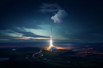 Wall Mural - a shot of a rocket launching from earth with a beautiful view of the night sky
