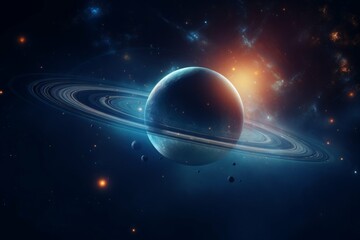 Wall Mural - a shot of a distant planet, with its rings and moons illuminated by a distant star