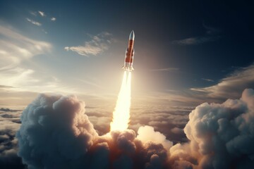 Wall Mural - a shot of a rocket launching into space, with a bright trail of fire and smoke in its wake