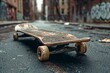 A photo of an old, worn skateboard with faded brown wheels lying on the street. 