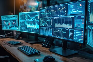 Poster - Three computer monitors placed on top of a wooden desk in a clean and organized workspace, Multiple computer screens showing real-time data analysis, AI Generated
