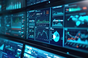 Fototapete - A collection of numerous monitors displayed on a wall, showcasing a multitude of screens, Multiple computer screens showing real-time data analysis, AI Generated
