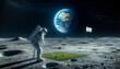 An astronaut stands on the lunar surface, taking a swing at a golf ball with Earth prominently displayed in the sky.