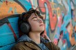 A teenage boy wearing headphones, leaning against an urban wall with colorful graffiti art
