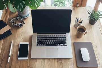 Poster - An open laptop computer is positioned on top of a sturdy wooden desk, ready for use, Organized and clean desktop with laptop and accessories, AI Generated