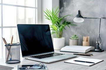 Poster - A laptop computer rests on top of a sturdy wooden desk, ready for work or entertainment, Organized and clean desktop with laptop and accessories, AI Generated