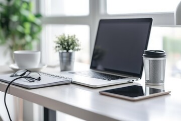 Poster - A laptop computer is placed on top of a wooden desk, creating a functional workspace, Organized and clean desktop with laptop and accessories, AI Generated