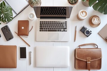 Poster - A laptop computer placed on top of a white table, providing a workspace for productivity, Organized and clean desktop with laptop and accessories, AI Generated