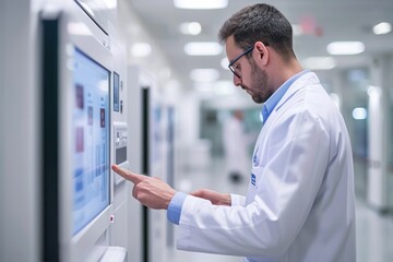 Poster - Man in Lab Coat Points at Screen, Patient interacting with a medical information kiosk, AI Generated