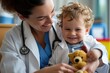 A woman cradles a young child in her arms while holding a teddy bear, Pediatrician playing with a child, AI Generated