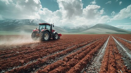 Poster - Farmer in tractor preparing seedbed with seedbed cultivator during early spring harvest at farmlands Cultivated field Agronomy farming husbandry concept of pre-seeding activities